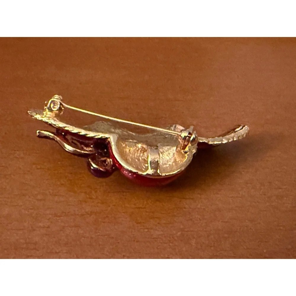 Vintage Red Hat Society Enamel Brooch Purple Bow Rhinestone Gold Tone Pin
